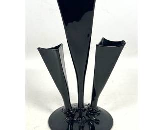 Lot 1909 Steuben Noir Black Glass 3 Trumpet Epergne Vase. Signed with acid etched mark.