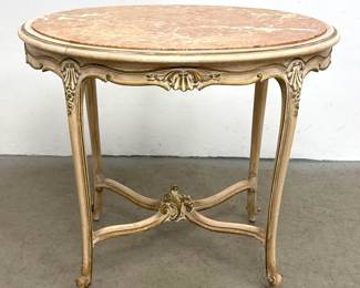 Lot 1793 French Louis XV Style Oval Marble Top Table with Carved X Form Stretcher