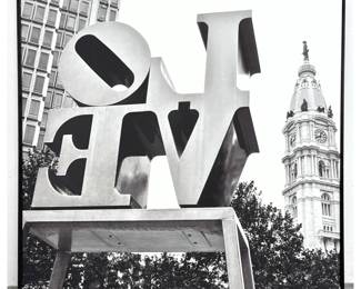 Lot 1684 E. Clark Framed Black and White Photograph Print on Canvas. Robert Indiana Love from Behind Red and