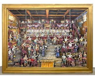 Lot 1654 Large Folk Art Oil Painting on Board, Carry Nation and Temperance Movement Saloon Scene, Signed Lewi