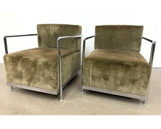 Lot 1482 Pr Modernist Chrome and Olive Green Velvet Lounge Armchairs. Tubular Chrome Frames.
