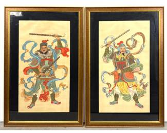 Lot 1810 Pr Framed Chinese Gongbi Paintings on Silk. Depicting Traditional Door God Guardian Figures