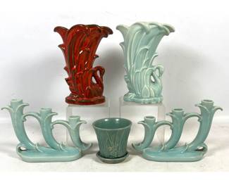 Lot 2006 5pc Art Pottery lot featuring Weller Pottery leaf triple candlesticks and McCoy swan cattail vases