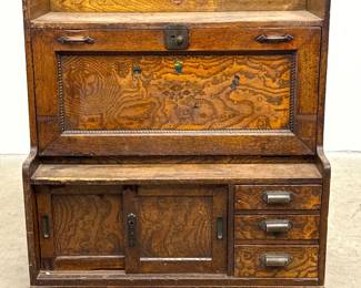 Lot 1755 Antique Japanese Taisho Period Wood Small DropFront Desk with Swirling Tamo Grain Panels and Handpa