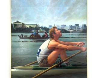 Lot 1652 FERJO 80 Large Scale Painting on Canvas. Realism. Homage to Thomas Eakins Philadelphia Rowing Scene