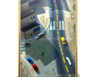 Lot 1655 Large FERJO Photo Realism Painting On Canvas. City Street Scene Aerial View.