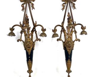 Lot 1555 Pair of Louis XVI Style Gilt and Patinated Metal and Brass ThreeLight Wall Sconces