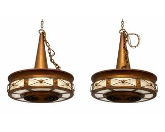 Lot 1506 Pair of Large Gothic Industrial Style Pendant Chandeliers With Textured Copper Tone Finish and Glass