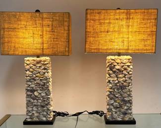 Lot 1447 Designer Rectangular Oyster Shell Encrusted Table Lamps with Jute Shades