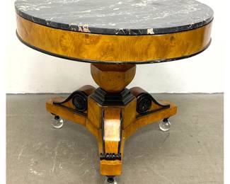 Lot 1539 Biedermeier Style Burl Wood Pedestal Center Table with Portoro Marble Top and Glass Ball Feet