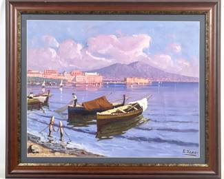 Lot 1966 E. Tano Oil Painting on Board, Bay of Naples Seascape. Harbor Painting with Boats.