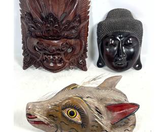 Lot 1981 3pc Lot Carved Wooden Masks Including Balinese Barong Signed Suwi, Ebonized Buddha Face, and Polychr