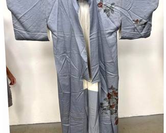 Lot 1713 Silk Damask Kimono with Floral Camellia Design. Slate Blue with Pink and White Flowers. Fully Lined.