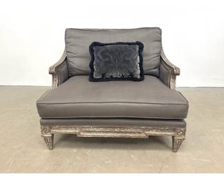 Lot 1680 French Style Carved Wood Love Seat Chair with Distressed Gray Silver Gilt Paint Finish and Ribbed Up