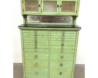 Lot 1760 Vintage Art Deco Industrial Dental Cabinet . 1940 s era green painted metal cabinet. Vitrolite Top.