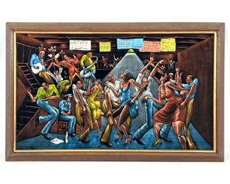 Lot 1650 Large Black Velvet Painting Depicting The Sugar Shack Dance Scene After Ernie Barnes. Reminiscent of
