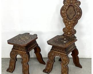 Lot 1765 Syrian style as is Inlayed Furniture. Chair and Chair missing back.