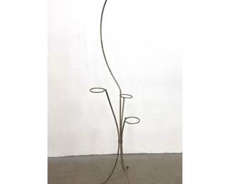 Lot 1763 Tall Wrought Iron Plant Stand with 3 Pot Holders and C Scroll Shepherd Hook Hook. Unsigned.