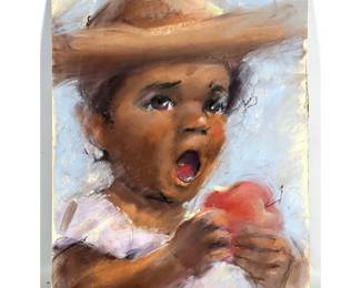 Lot 1998 Margaret Burroughs Pastel on Illustration Board Portrait of a Child with an Apple. Signed.