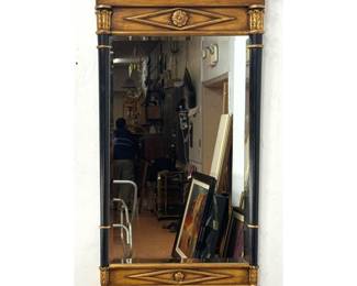 Lot 1780 Italian Regency style Gilt and Ebonized Wood Pier Wall Mirror. Architectural Pediment Crest. Beveled