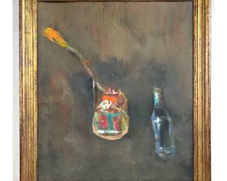 Lot 1436 Norman Rubington Oil Painting on Board Modernist Still Life With Bottle and Vase In Gilt Wood Frame