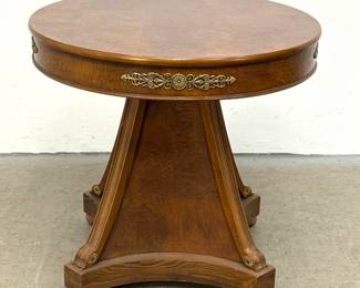 Lot 1729 HENREDON Neoclassical Pedestal Side Table. Burl Wood Parquetry Round Top. Metal Trim Elements. Flare