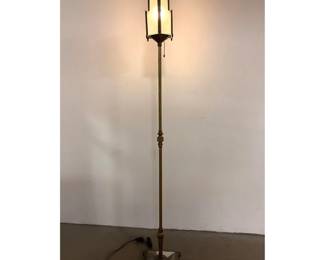 Lot 1583 Art Deco Skyscraper Floor Lamp. Gold Painted Iron Form. Two Tier Frosted Glass Panels in Hexagonal L
