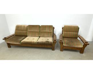 Lot 1471 2pcs French Brutalist Style Solid Oak Sofa and Armchair Seating Set with Striped Upholstery and Circ