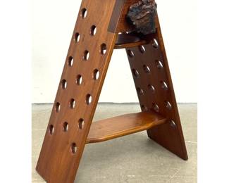 Lot 1502 Mobler Danish Teak Artisan Sculptural Aframe wine rack with burl wood accent.