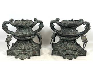 Lot 1802 Pair of Cast Patinated Bronze Urn Form Plinths in Neoclassical Style. Lion head decoration.