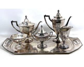 Lot 2029 6pc 1847 Rogers Bros. Heraldic Silver Plated Coffee and Tea Set with 22 Inch Tray. Neoclassical octa