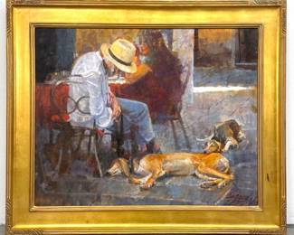 Lot 1694 James Crandall Oil on Canvas Painting titled Cafe Dogs Dated 2013 Signed Crandall Lower Right Inscri