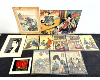 Lot 1871 13pc group of Japanese woodblock prints and paintings. Group includes authentic Edo period nishikie