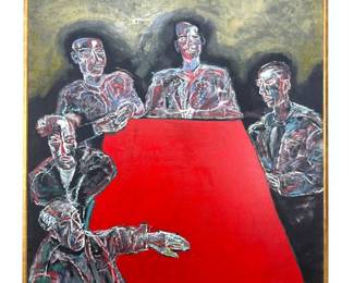 Lot 1455 Very Large Li Di Expressionist Oil Painting on Canvas Five Figures at a Red Table Signed and Framed.