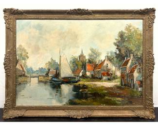 Lot 1922 Roelands Oil on Canvas Painting, Dutch Village Scene with Sailing Barge. Signed.