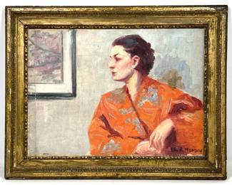 Lot 1958 Edward R. Moreau Oil Painting on Canvas. Seated Woman in Robe. Signed Lower Right and Verso.