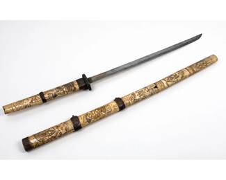 Lot 2014 Japanese Meiji Period Sectional Carved Bone Wakizashi with Aoi Mon Crests. Sword.
