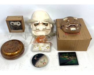 Lot 2036 Assortment of Japanese Folk Art Including Nariwayaki Kagura Mask, Lacquerware, and Brocade Textiles