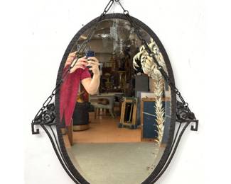Lot 1419 French Wrought Iron Period Art Deco Wall Mirror. Hand Forged Rose and Leaf Motifs. Hanging Chain