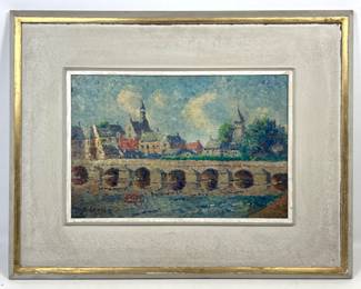 Lot 1967 H.E. CROSS Village with Bridge Landscape Painting. Pointillist style. European Cityscape with Arched