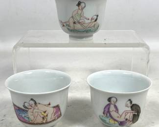 Lot 1833 3pc Set Chinese Famille Rose Porcelain Erotic Theme Tea Cups with Bat Decoration