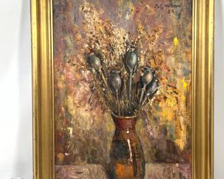 Lot 1964 Signed Modernist Oil Painting. Impressionist Still Life. Vase with Dried Poppies. Illegibly signed.