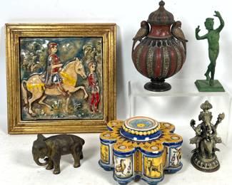Lot 2004 An Assortment of Decorative Objects including a Framed Majolica Relief Tile dated 1872, a 6 Nozzle I