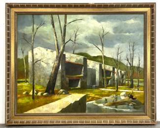 Lot 1921 Ralph Sharff Painting on Board. Stark modernist landscape scene with building.