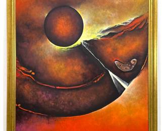 Lot 1458 Roberto Galicia Salvadoran Artist Acrylic Painting on Canvas Mundo Lejano 1994. Large Abstract. Sign