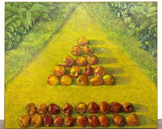 Lot 1456 Large Scale Oil on Canvas Painting Still Life of Apples in a Verdant Landscape