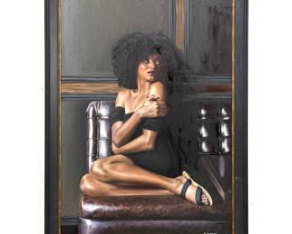 Lot 1720 Holly Bedrosian oil painting on canvas, Whispers of Yesterday. Portrait of a seated Black woman. S