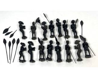 Lot 1980 15pc Set hand carved East African ebony wood Makonde style figures including Shetani spirits and oar