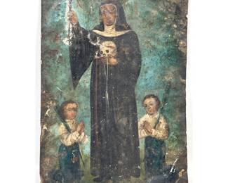 Lot 1957 Antique Mexican Retablo Oil on Tin Depicting Saint Rita of Cascia with Donor Figures. Unsigned.