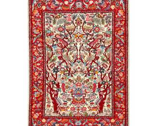 Lot 2074 5 X 7 6 Hand Knotted Wool Tree of Life Rug. Pictorial Bird and Animal Design. Wide Red Border.